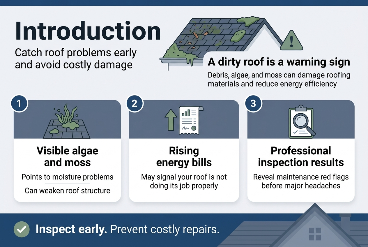 Roof with algae streaks and moss growth requiring professional soft washing in Punta Gorda FL