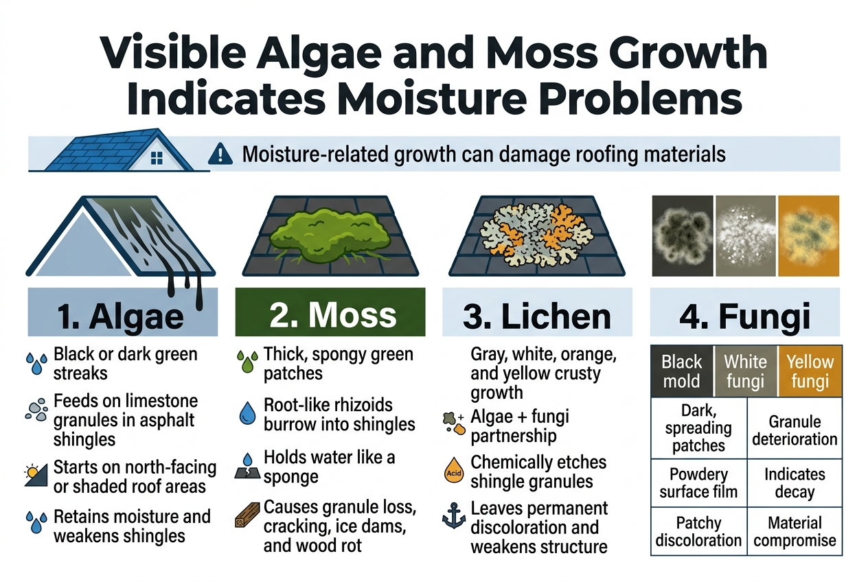 Visible Algae and Moss Growth Indicates Moisture Problems