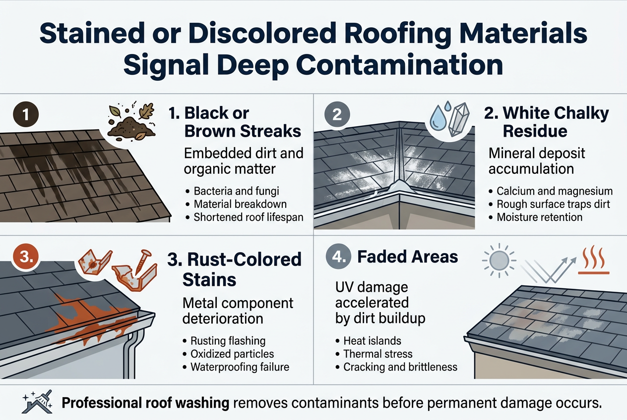 Stained or Discolored Roofing Materials Signal Deep Contamination